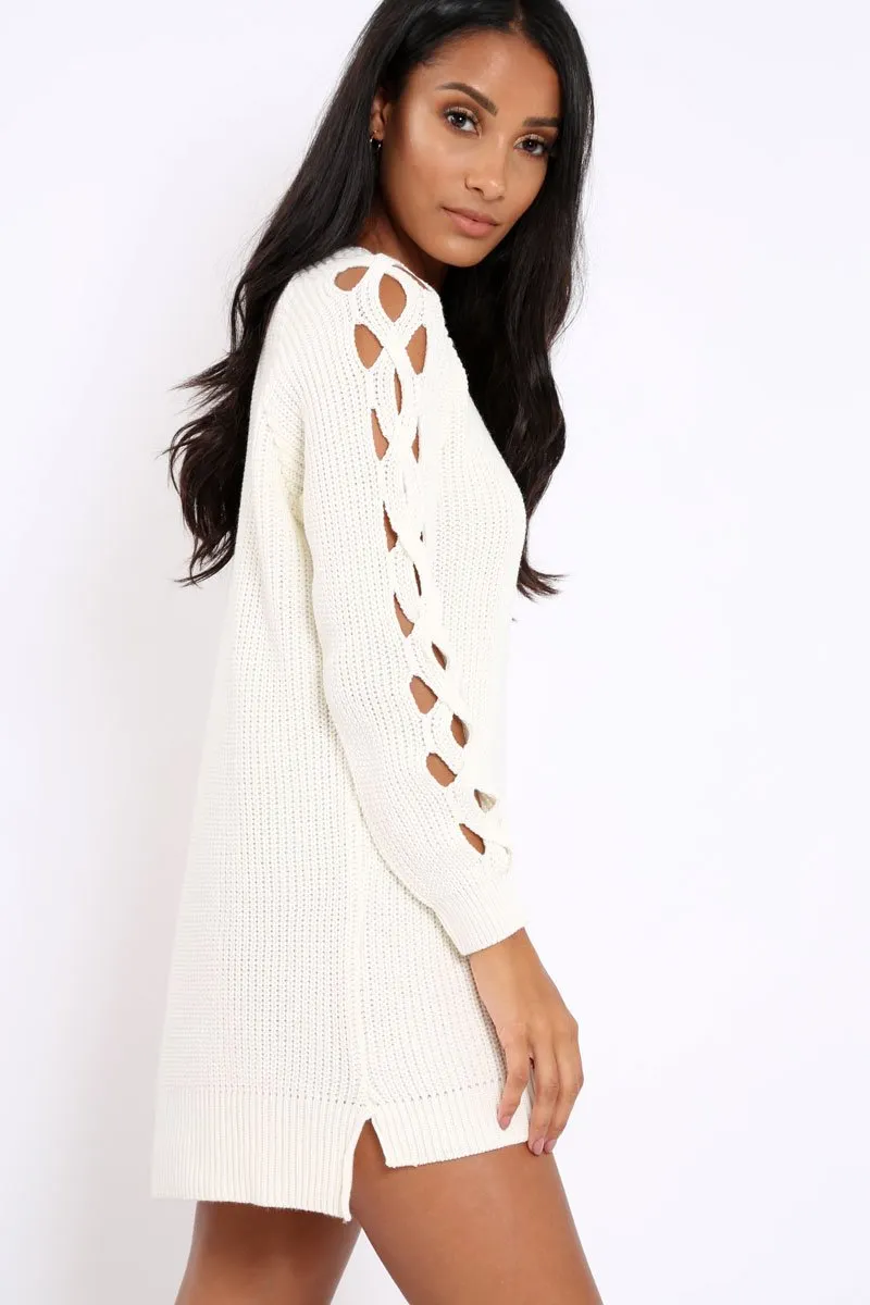 Cream Cable Knit Jumper Dress with Cut out Detail - Daysie