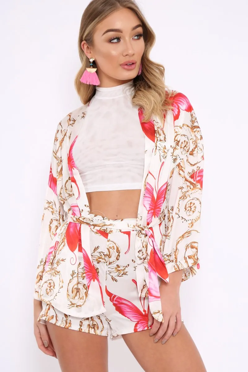 Cream Floral Scarf Print Short And Jacket Co-Ord - Eadie