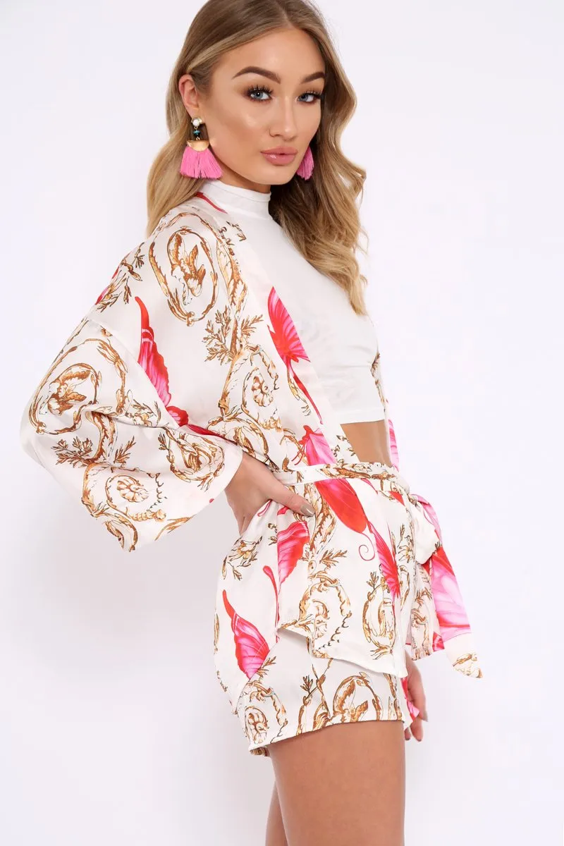 Cream Floral Scarf Print Short And Jacket Co-Ord - Eadie