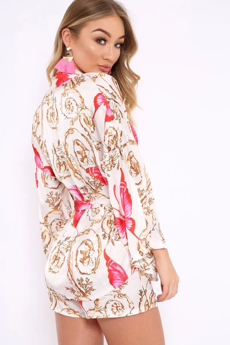 Cream Floral Scarf Print Short And Jacket Co-Ord - Eadie