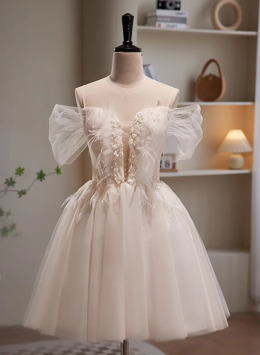 Cute Ivory Beaded Off Shoulder Short Party Dress, Tulle Graduation Dress Formal Dress