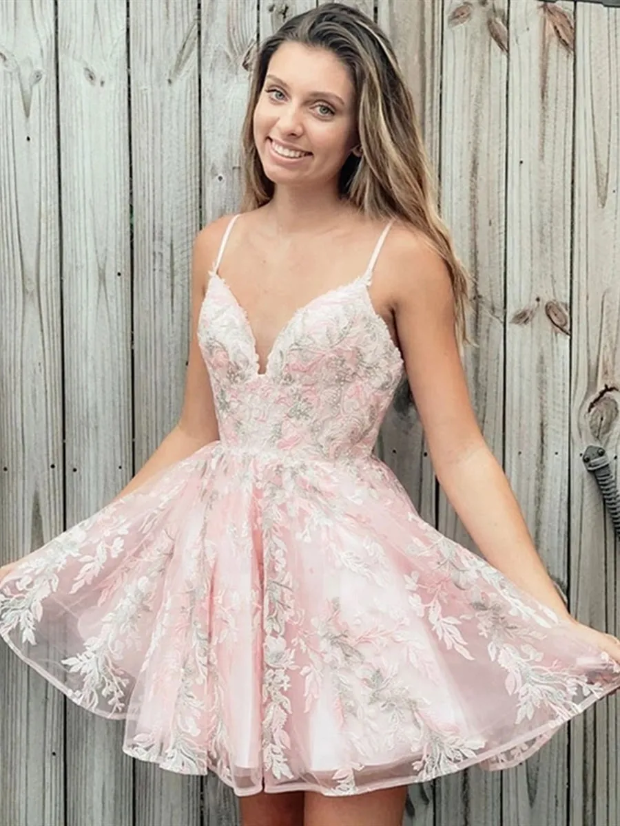 Cute V Neck Lace Appliques Pink Short Prom Homecoming, Lace Pink Formal Graduation Evening