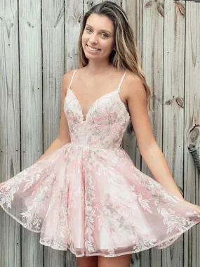 Cute V Neck Lace Appliques Pink Short Prom Homecoming, Lace Pink Formal Graduation Evening