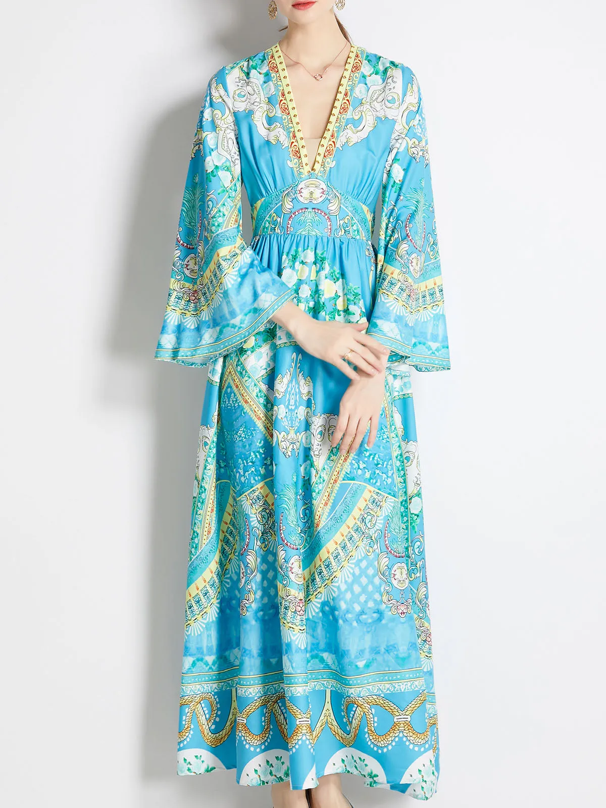 Deep V Neck Long Flared Sleeve High Waist Floral Printed Maxi Beach Dress