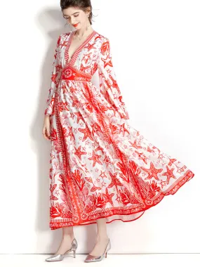 Deep V Neck Long Flared Sleeve High Waisted Floral Printed Pleated Maxi Boho Dress