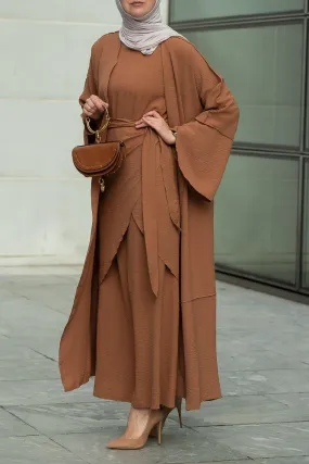 Deluna three piece maxi lightweight abaya in rustic brown