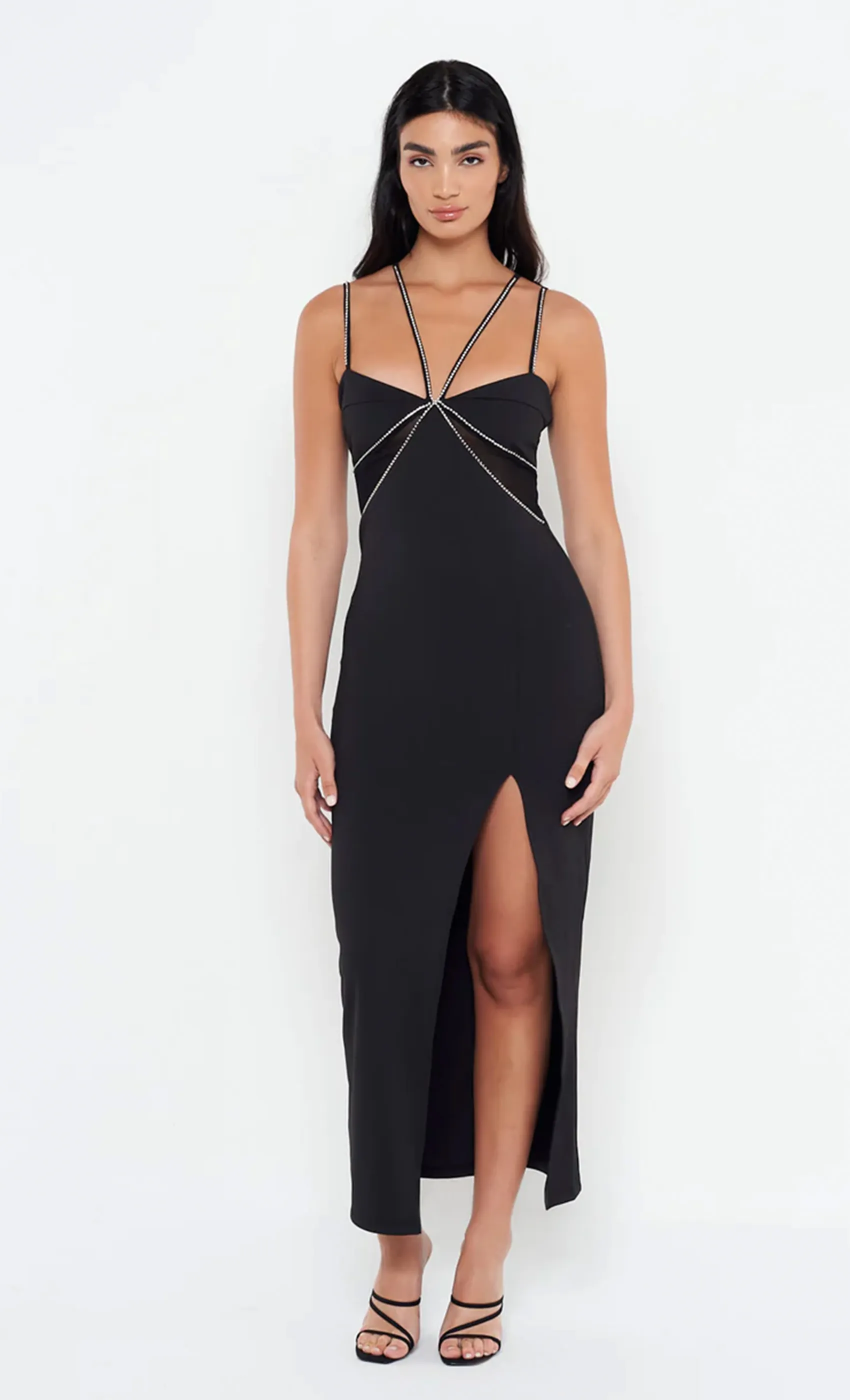 Diamante Detail Mesh Panel Maxi Dress