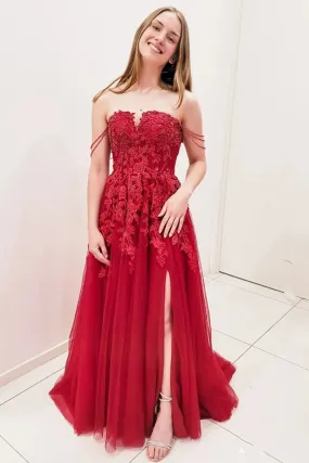 Elegant Off Shoulder Burgundy Lace Long Prom Dress with High Slit, Burgundy Lace Formal Dress, Burgundy Tulle Evening Dress A1471