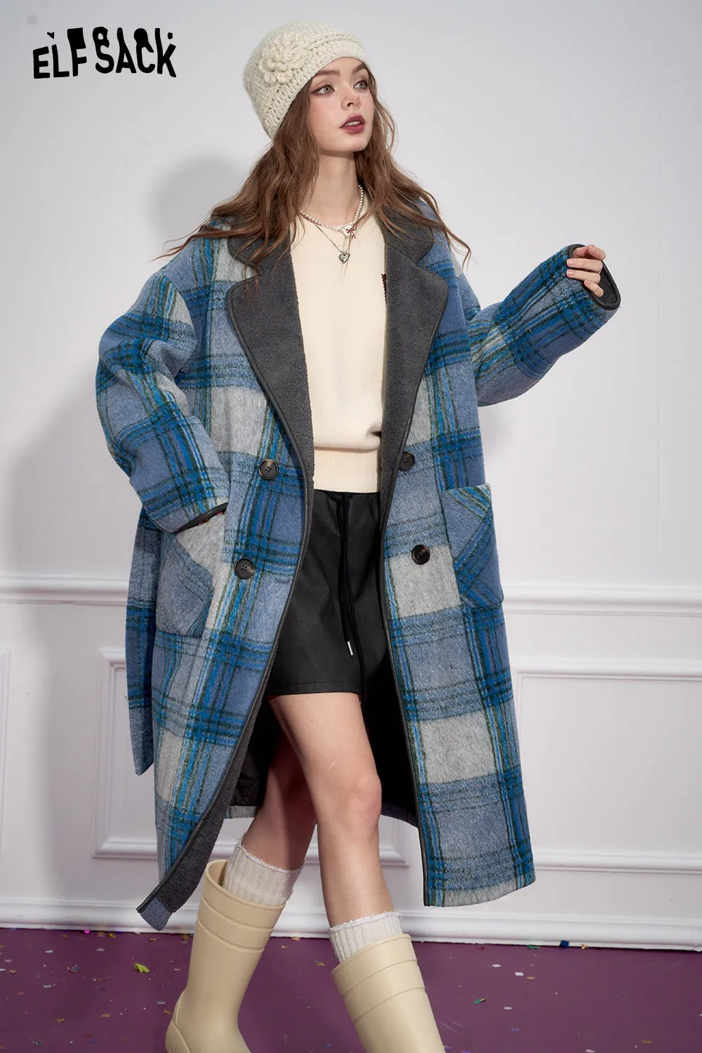 ELFSACK 2024 Winter New Arrivals Blue Plaid Elegant Faux Woolen Coat Women Simple Mid-Length Coat