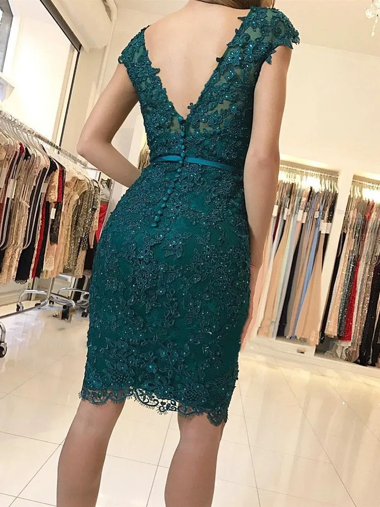 Emerald Green Cap Sleeves Lace Beaded Homecoming Short Prom, Green Lace Formal, Evening