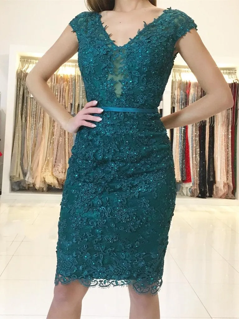 Emerald Green Cap Sleeves Lace Beaded Homecoming Short Prom, Green Lace Formal, Evening