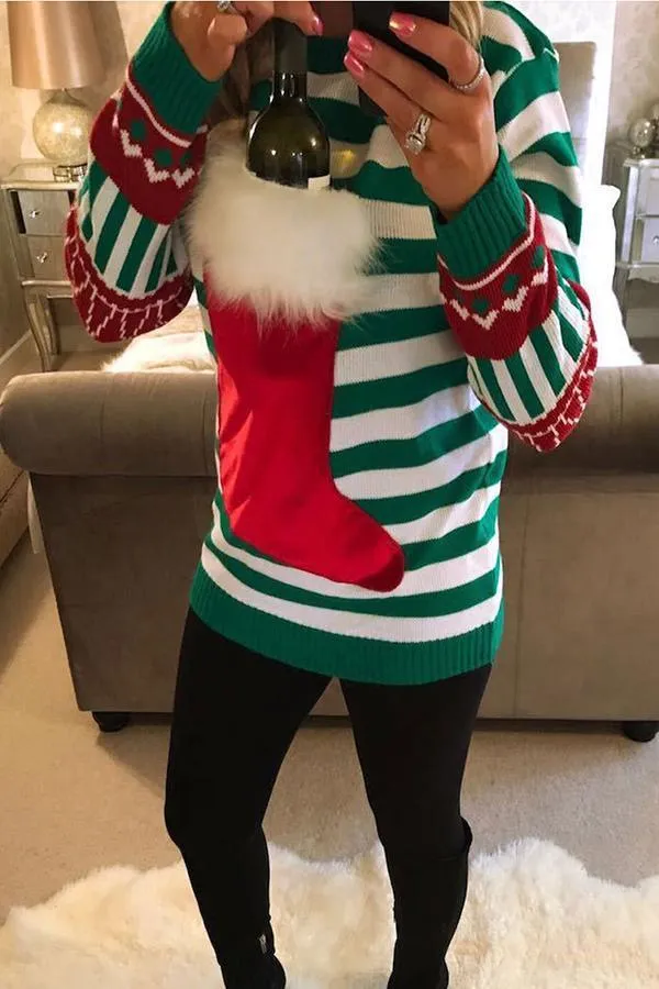 Fashion Christmas Sock Round Neck Sweater