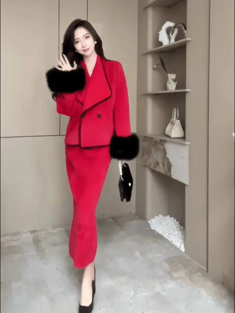 Fashion Imitation Mink Fur Jacket Skirt Two-piece Set Women Celebrity Lapel Plush Splice Soft Temperament Solid Slim Winter Suit