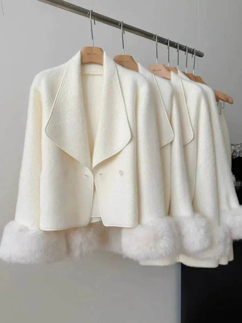 Fashion Imitation Mink Fur Jacket Skirt Two-piece Set Women Celebrity Lapel Plush Splice Soft Temperament Solid Slim Winter Suit