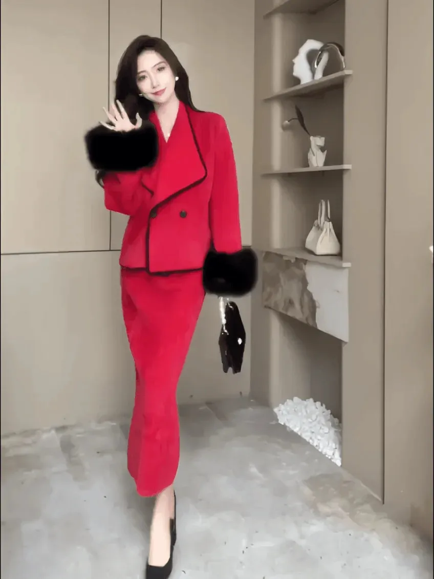 Fashion Imitation Mink Fur Jacket Skirt Two-piece Set Women Celebrity Lapel Plush Splice Soft Temperament Solid Slim Winter Suit