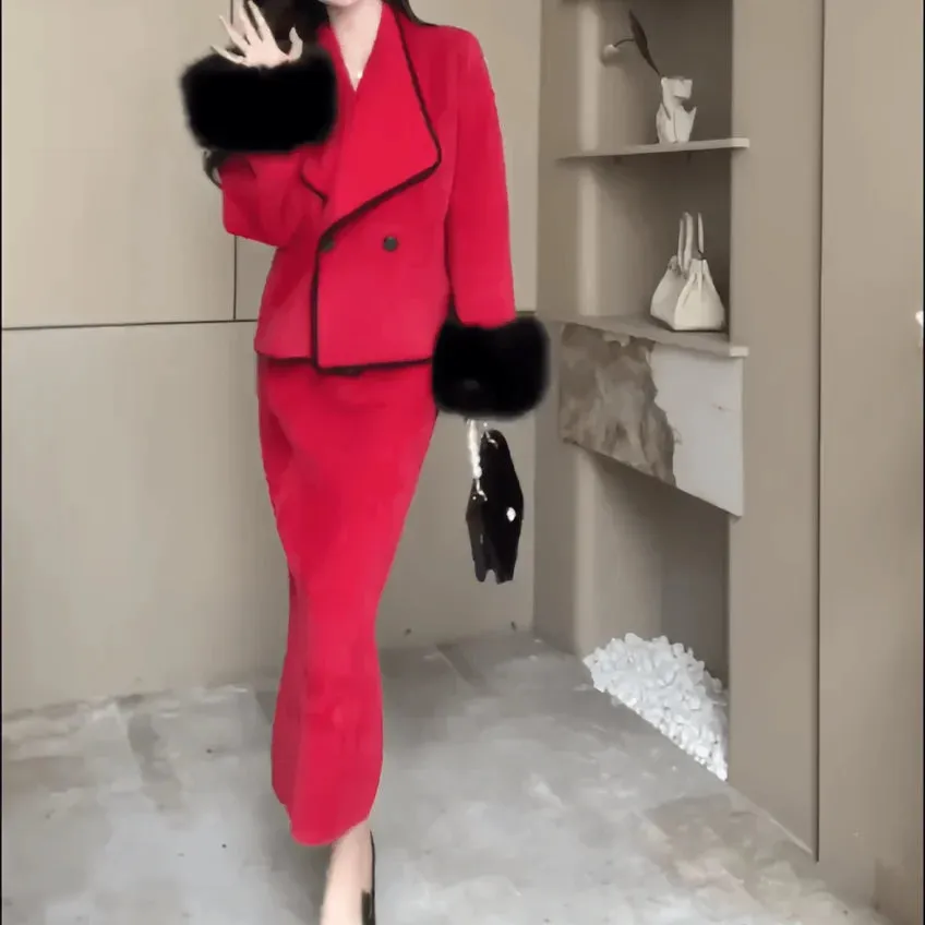 Fashion Imitation Mink Fur Jacket Skirt Two-piece Set Women Celebrity Lapel Plush Splice Soft Temperament Solid Slim Winter Suit