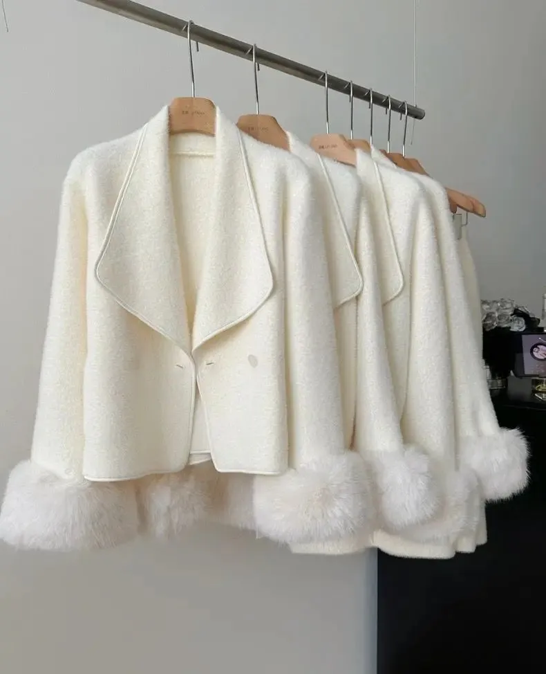 Fashion Imitation Mink Fur Jacket Skirt Two-piece Set Women Celebrity Lapel Plush Splice Soft Temperament Solid Slim Winter Suit