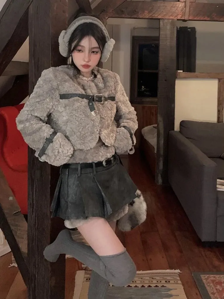 Fashionkova 2024 Spring Outwear Fur Korean Fashion 2 Piece Set Casual Warm Coat   Sexy Slim Bodycon Mini Skirt Party Elgant Set Woman Chic