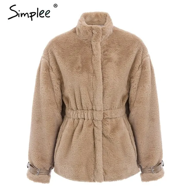 faux fur coat women Autumn winter soft zipper fur jacket  elastic waist long sleeve overcoat