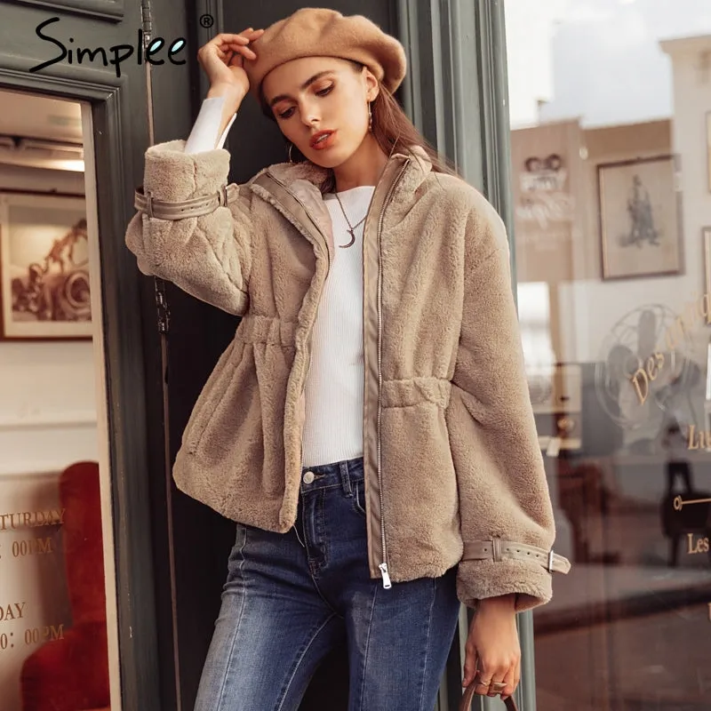 faux fur coat women Autumn winter soft zipper fur jacket  elastic waist long sleeve overcoat