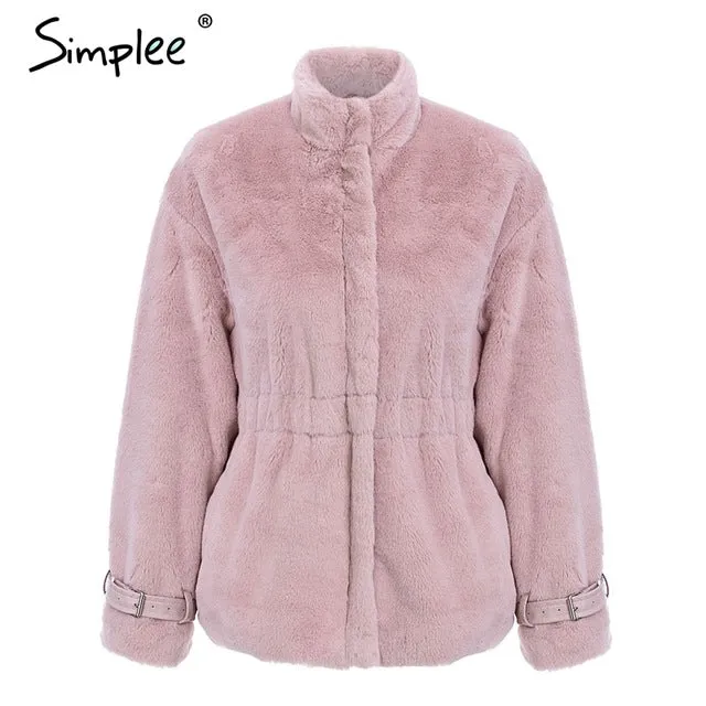 faux fur coat women Autumn winter soft zipper fur jacket  elastic waist long sleeve overcoat