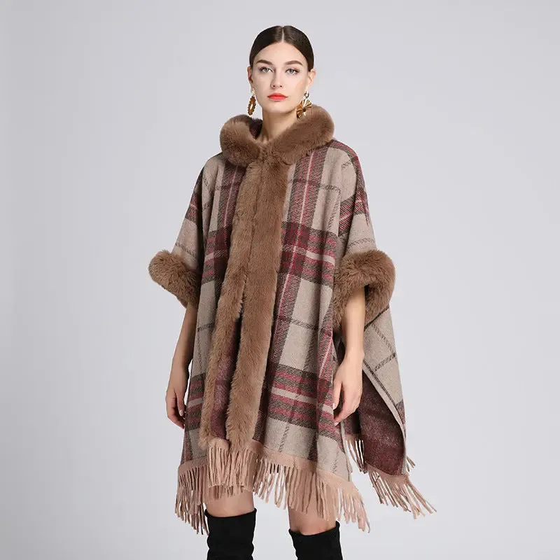 Faux rabbit fur collar hooded cape