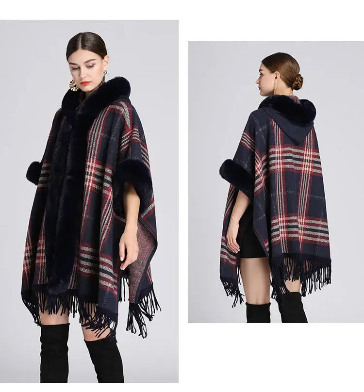 Faux rabbit fur collar hooded cape