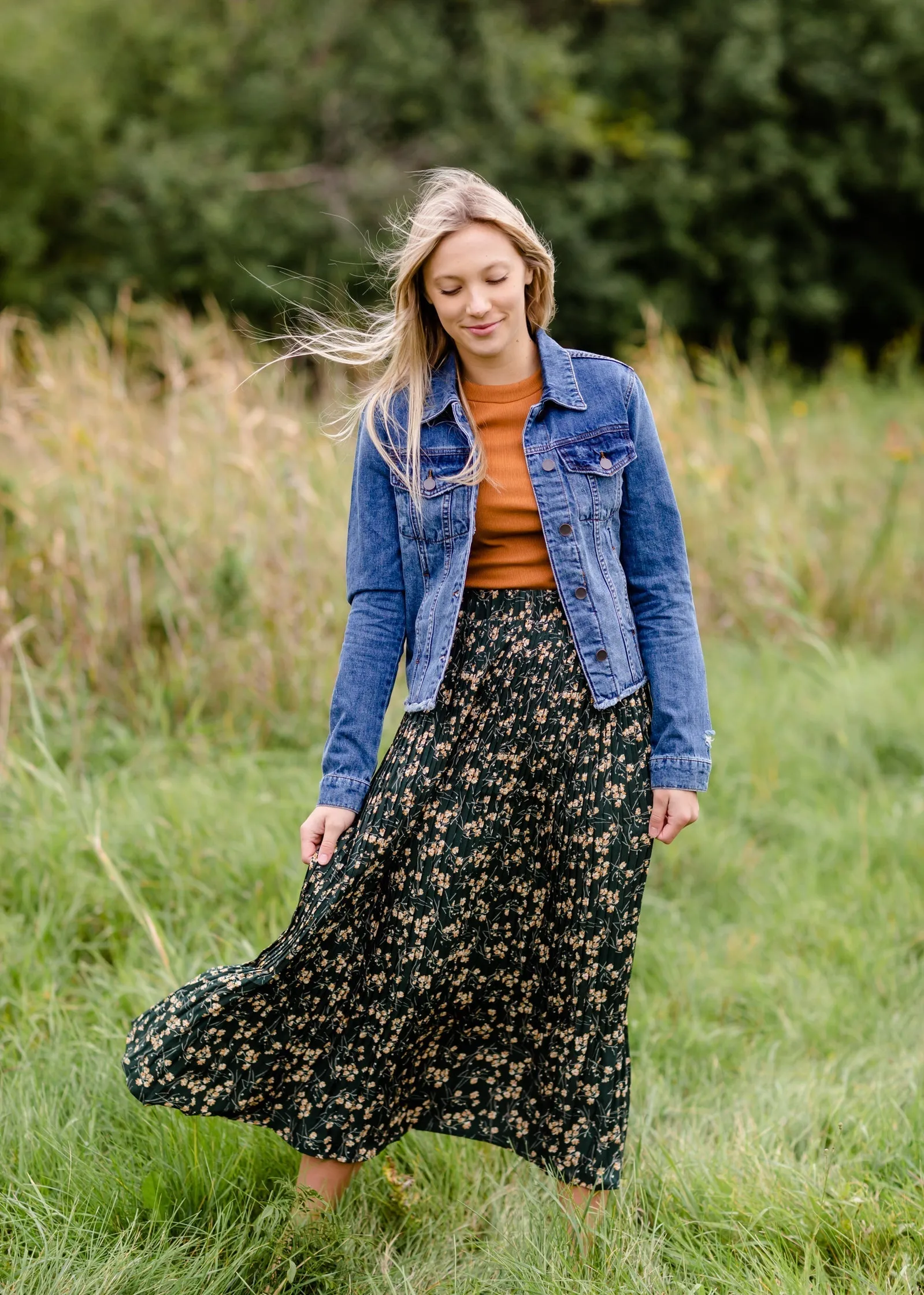 Forest Green Floral Pleated Maxi Skirt