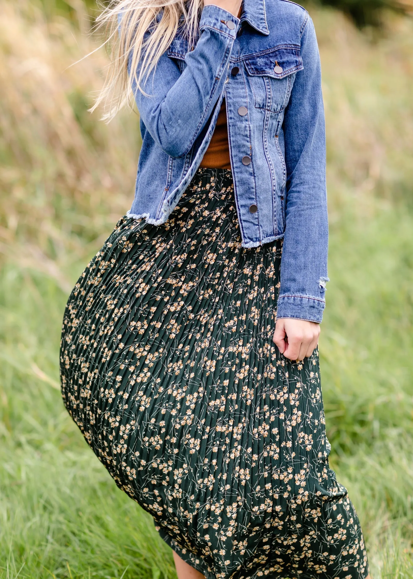 Forest Green Floral Pleated Maxi Skirt