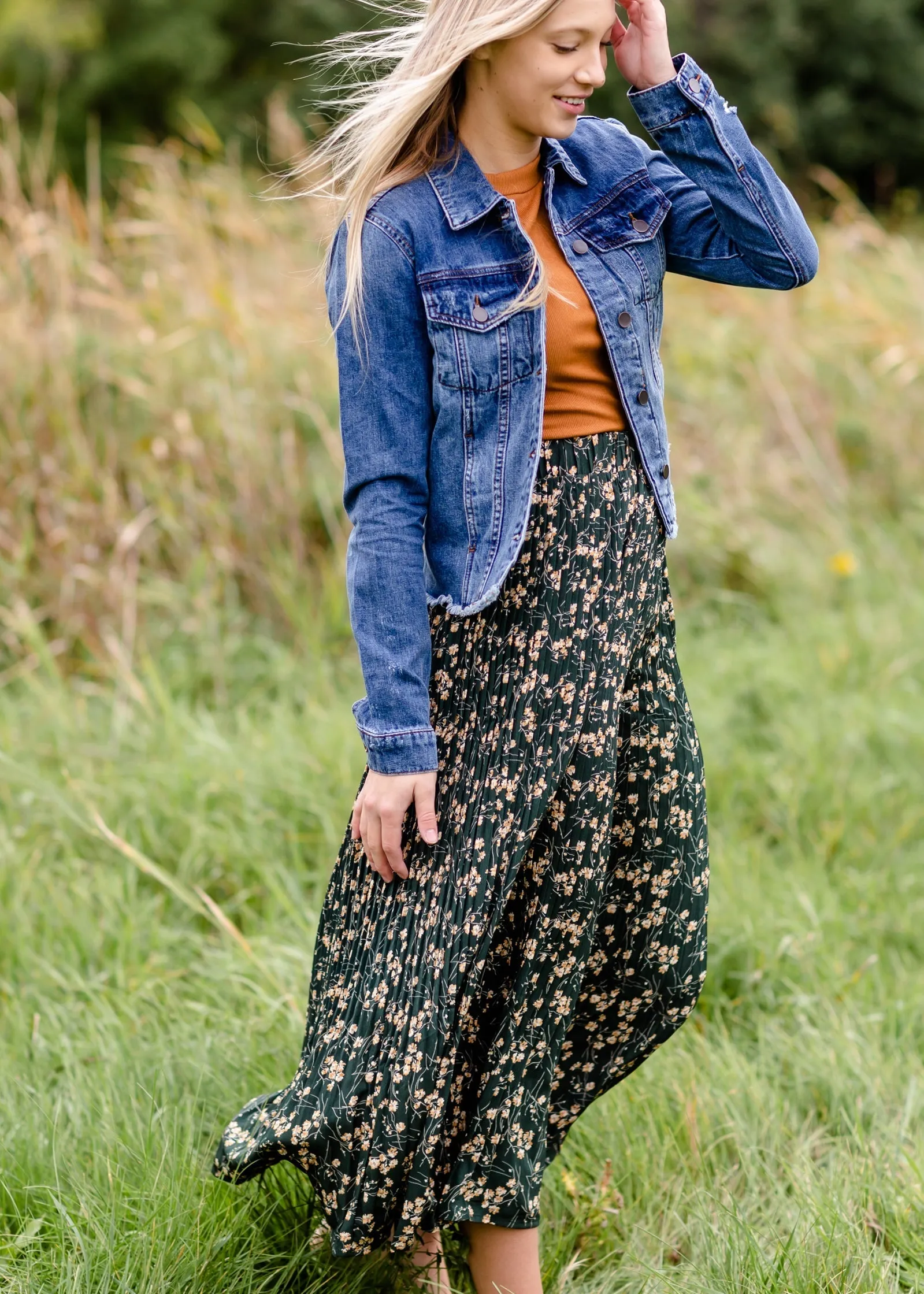 Forest Green Floral Pleated Maxi Skirt