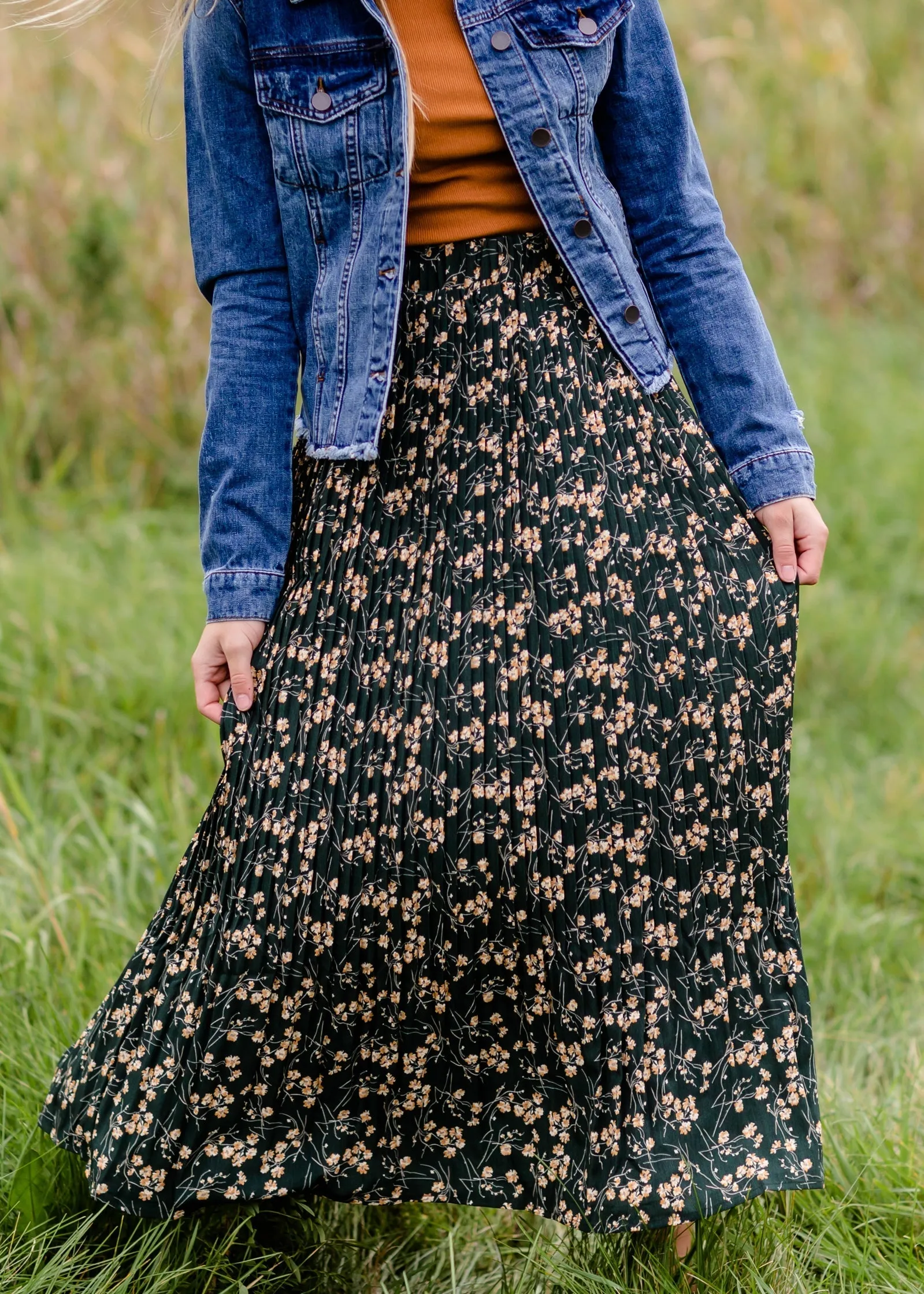 Forest Green Floral Pleated Maxi Skirt