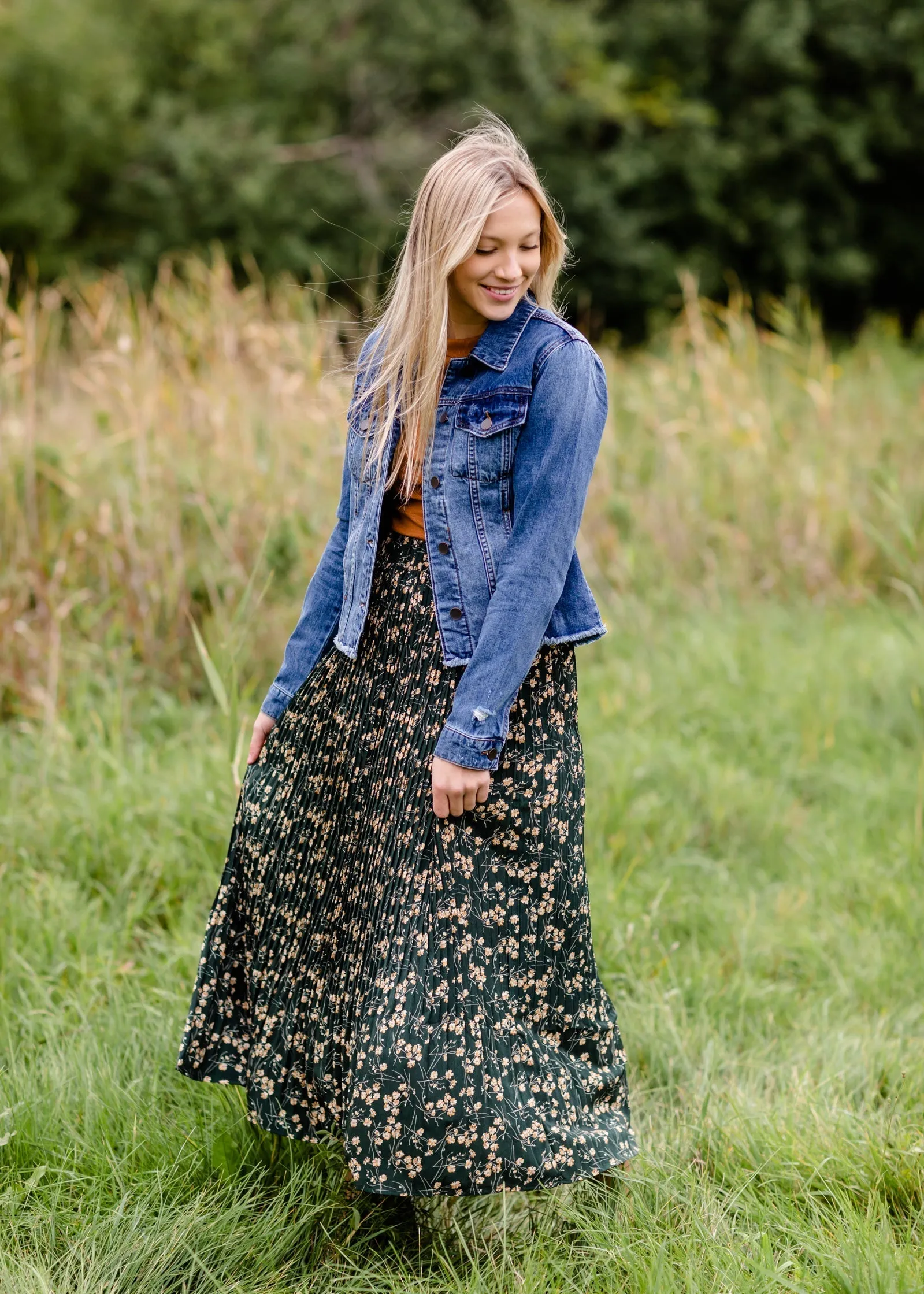 Forest Green Floral Pleated Maxi Skirt