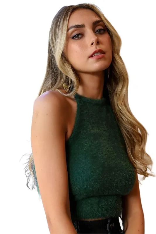 Fuzzy Sweater Halter Cropped Top