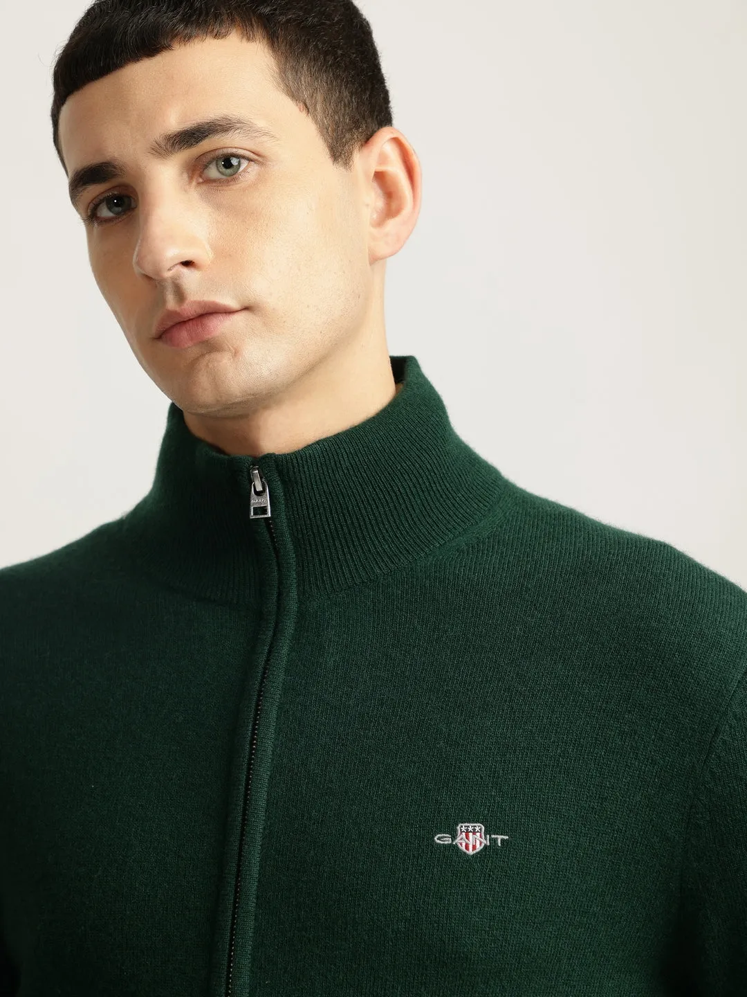 Gant Men Green Solid High Neck Full Sleeves Sweater