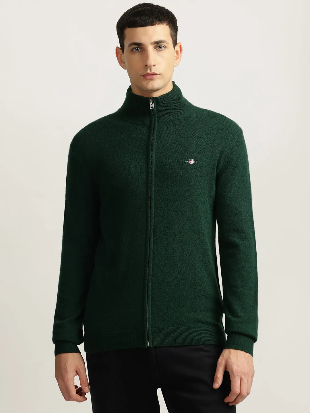 Gant Men Green Solid High Neck Full Sleeves Sweater