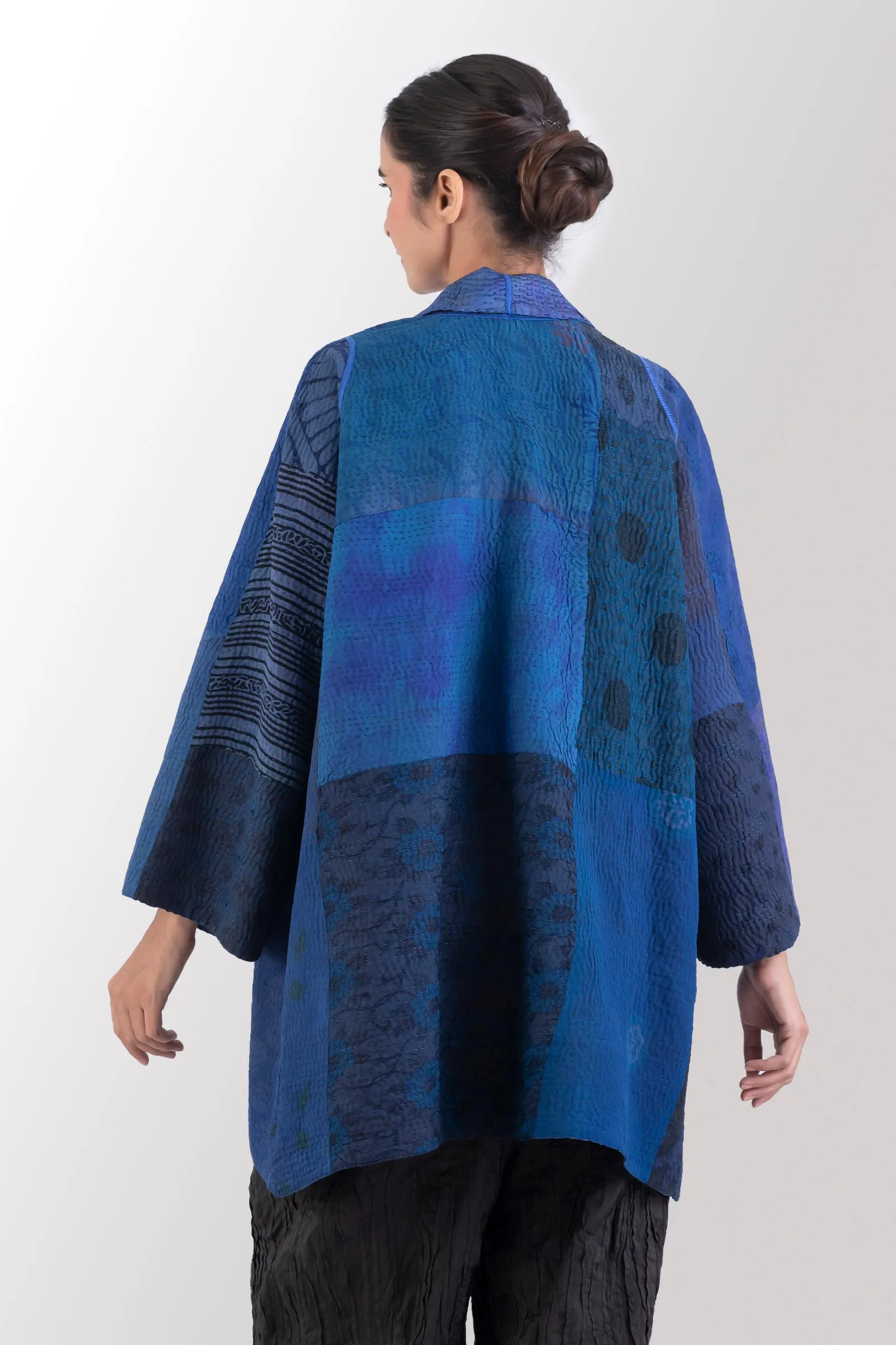 GEORGETTE JACQUARD VINTAGE SILK PATCH KANTHA A-LINE JACKET - gj4003-blu -