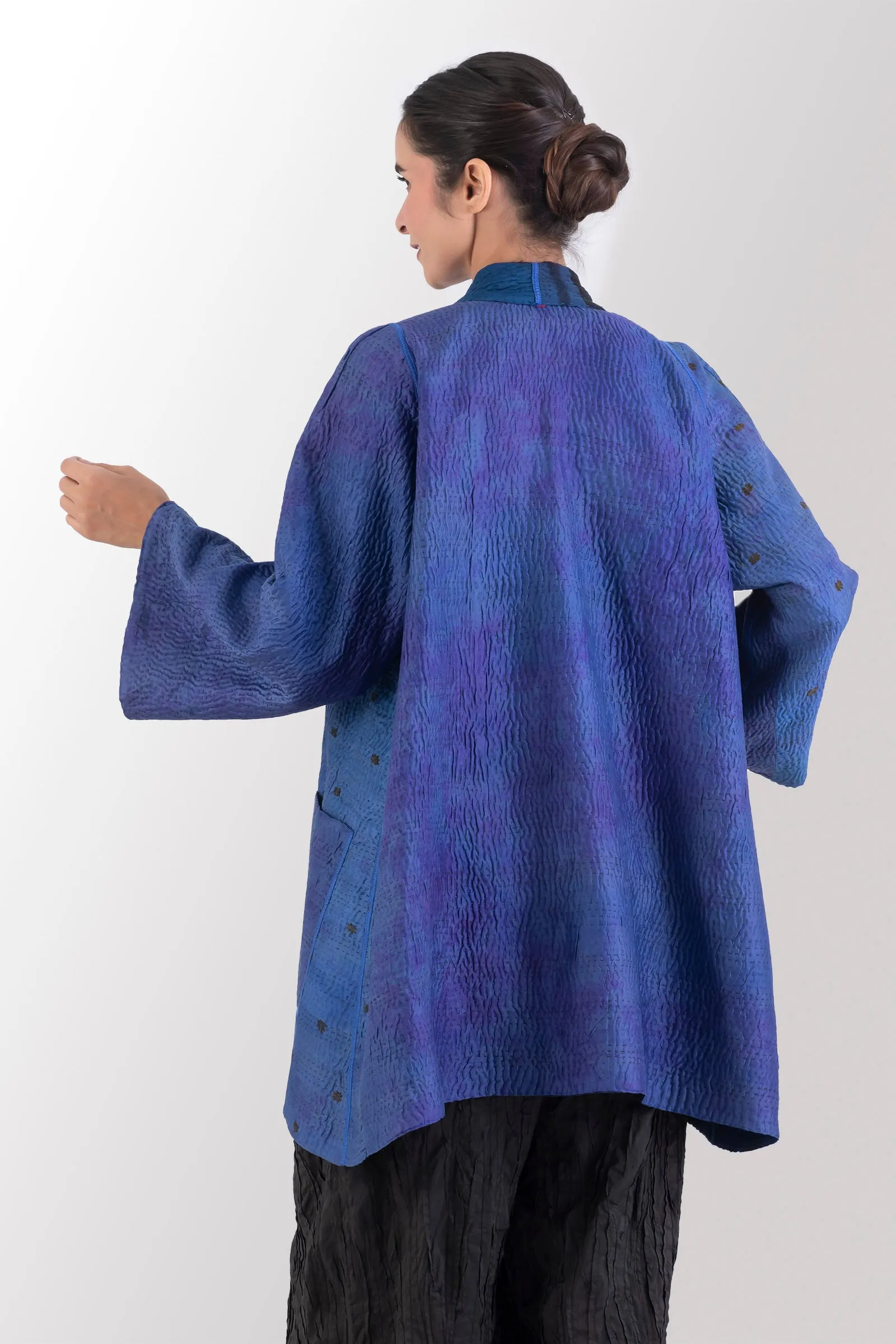 GEORGETTE JACQUARD VINTAGE SILK PATCH KANTHA A-LINE JACKET - gj4003-blu -