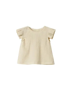 Girls Gauze Top with Box Pleated Sleeves - Sand