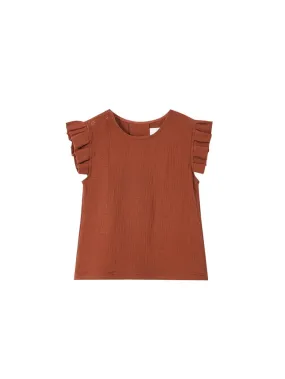 Girls Gauze Top with Box Pleated Sleeves - Terracotta