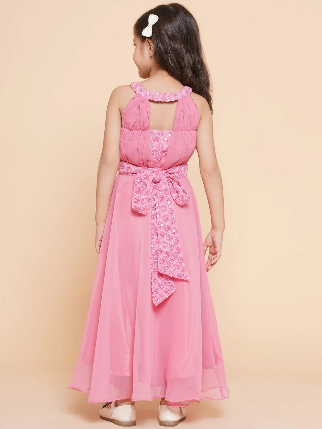 Girls Pink Embroidered Sequence Yoke Fit & Flared Maxi Dress.