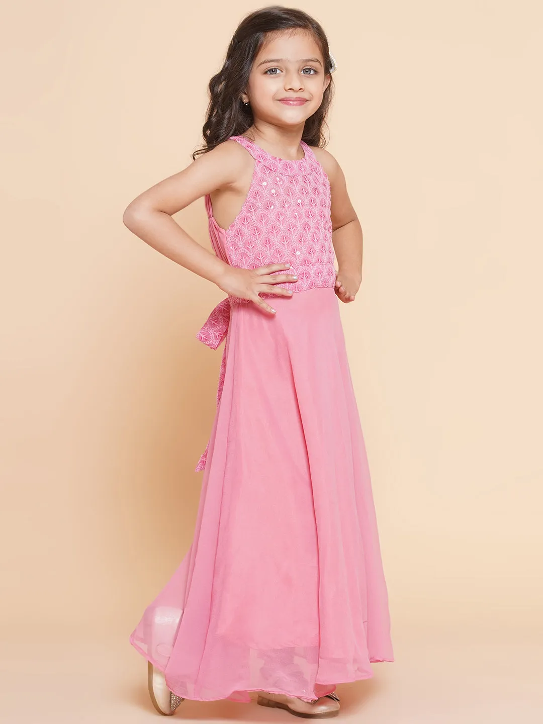 Girls Pink Embroidered Sequence Yoke Fit & Flared Maxi Dress.