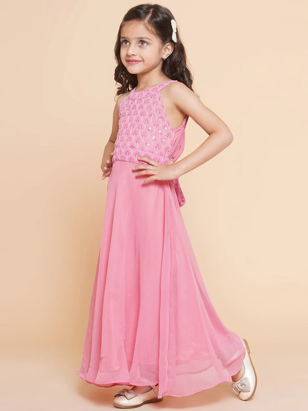 Girls Pink Embroidered Sequence Yoke Fit & Flared Maxi Dress.