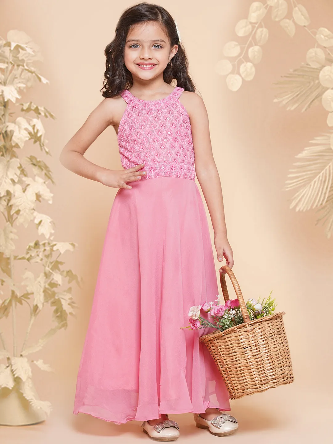 Girls Pink Embroidered Sequence Yoke Fit & Flared Maxi Dress.