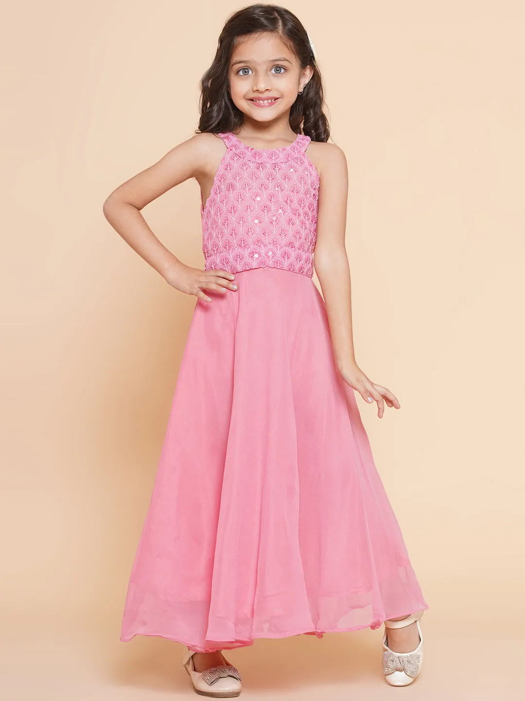 Girls Pink Embroidered Sequence Yoke Fit & Flared Maxi Dress.