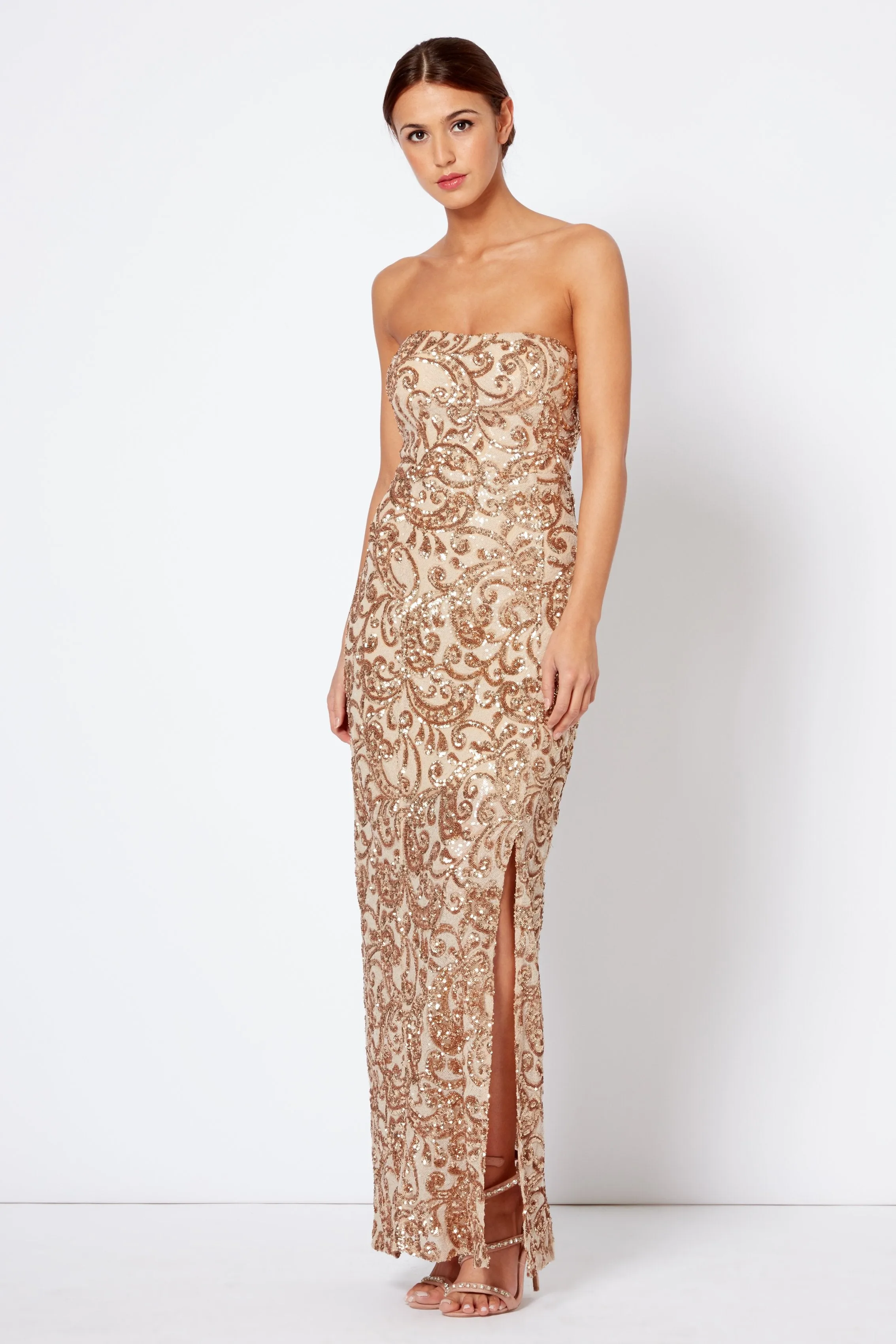 Gold Sequin Bandeau Split Maxi Dress