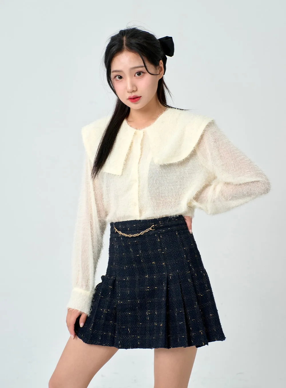 Golden Chain Pleated Plaid Mini Skirt BD01