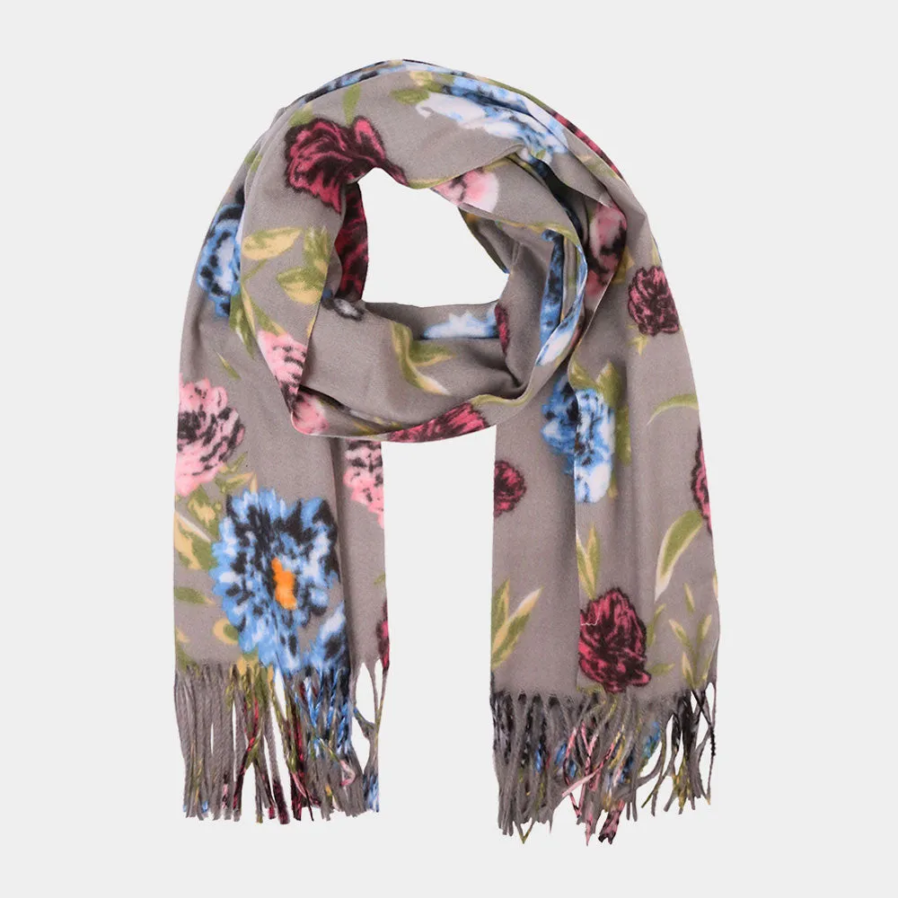 Gray Floral Fringe Scarf