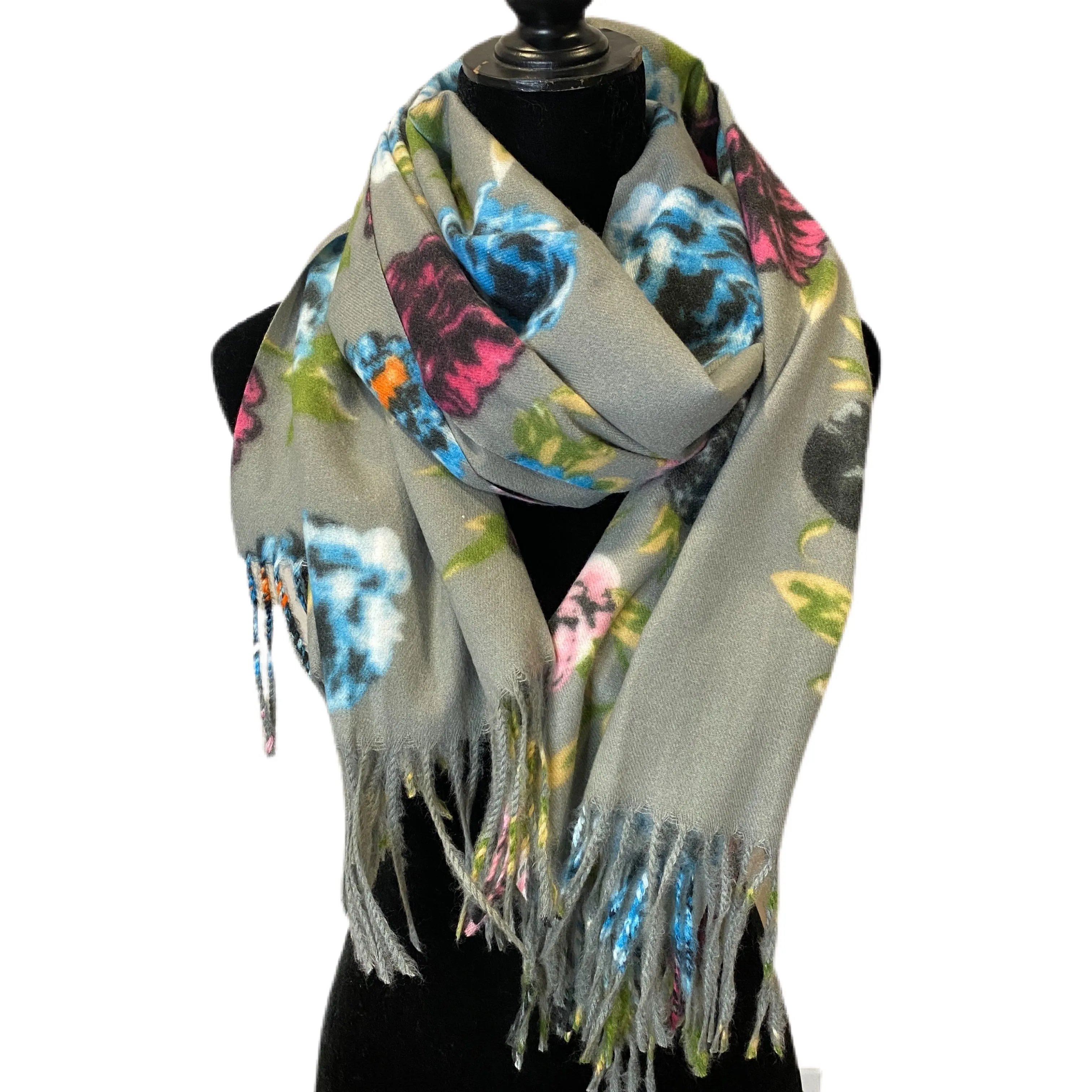 Gray Floral Fringe Scarf