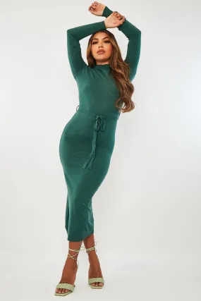 Green High Neck Belted Knit Midi Dress - Jakira