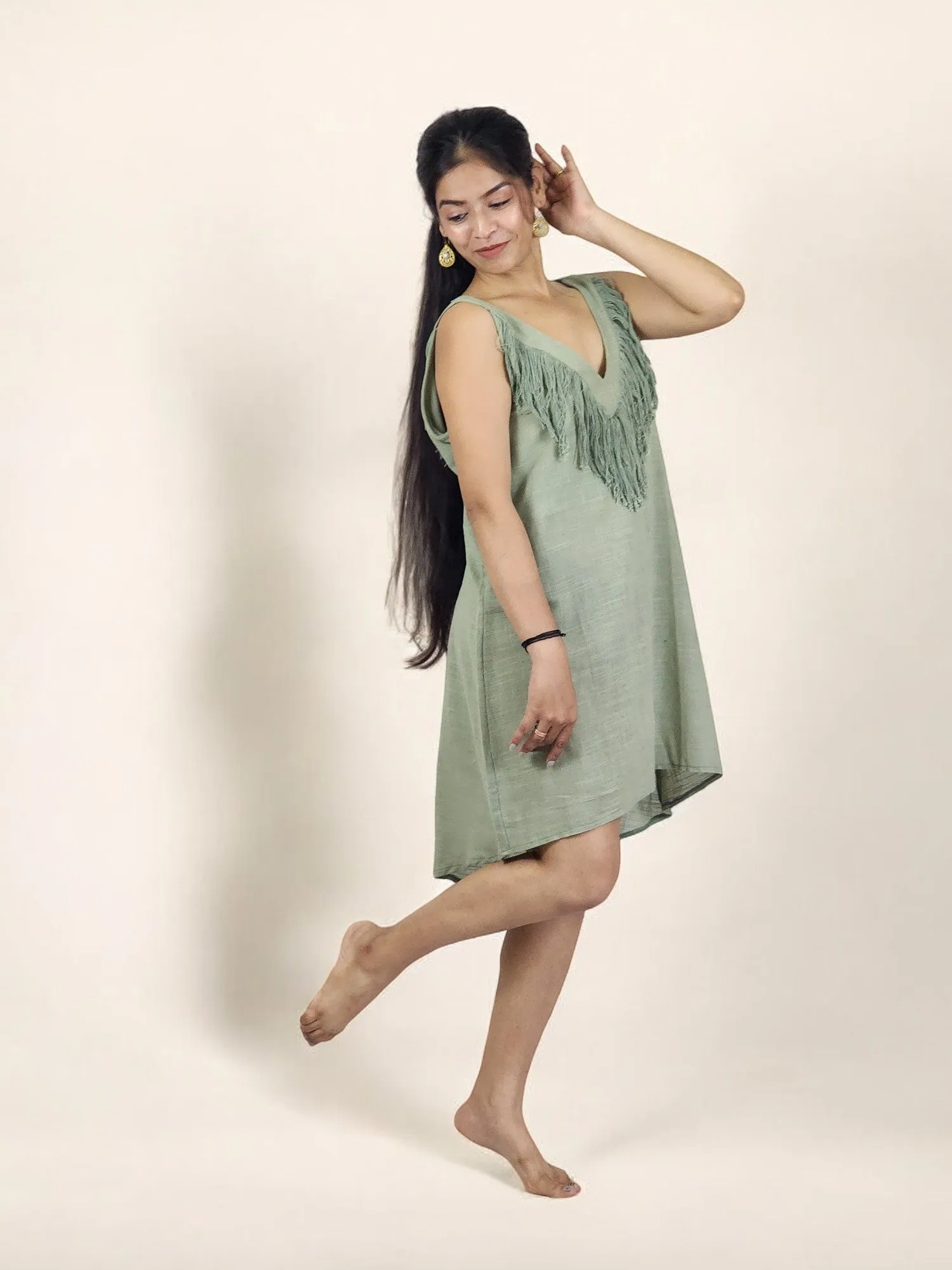 Green Sage Organic Linen Mini Dress with Fringe